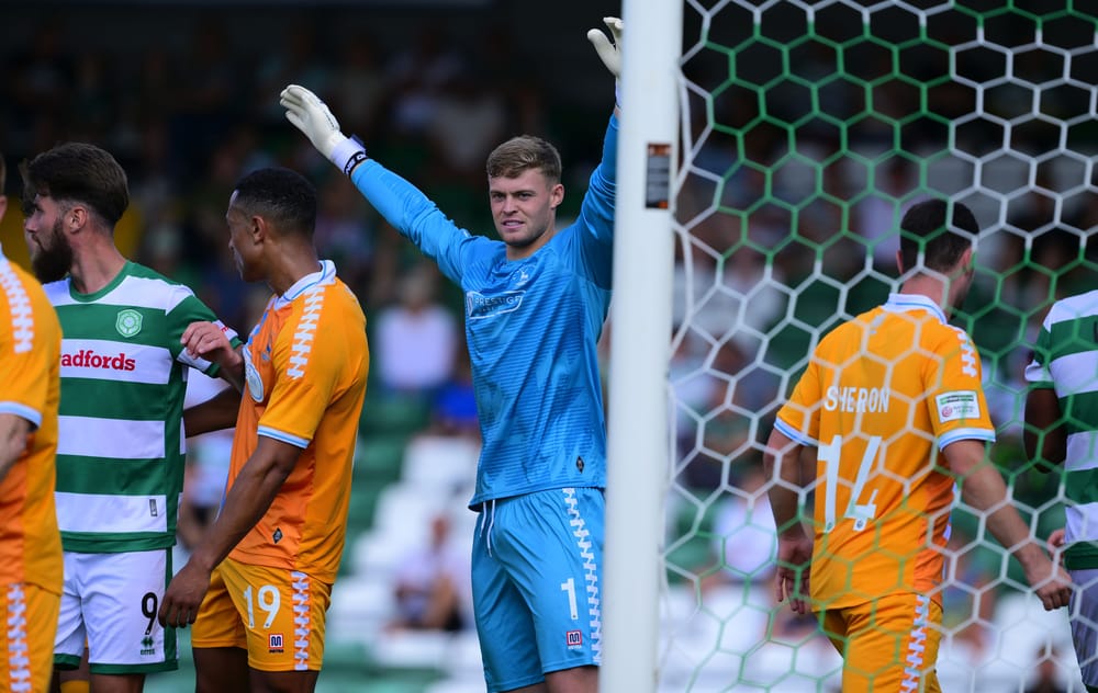 Harvey Cartwright, Goalkeeper of Hartlepool United during the English National League match between Yeovil Town and Hartlepool United at Huish Park on 9th August 2025 in Yeovil, England - Photo by Phil Mingo/PPAUK
