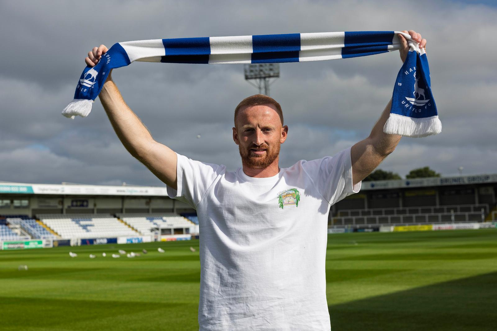 Liam Gibson at Victoria Park following the completion of his move to Hartlepool United.